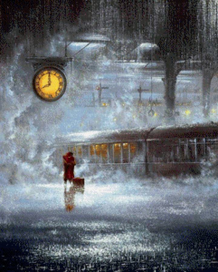 Встреча на пероне - дождь, свидание, встреча, поезд, любовь, перон, часы, пара, двое - предпросмотр