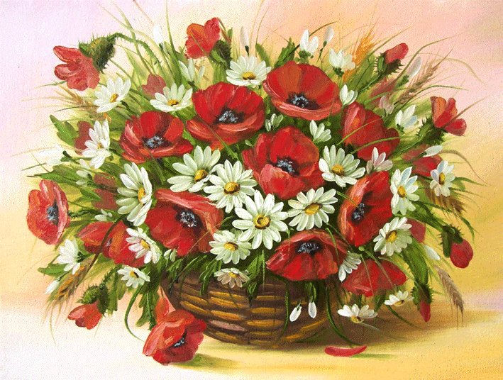 Маки и ромашки в корзинке - оригинал