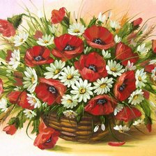 Схема вышивки «Маки и ромашки в корзинке»