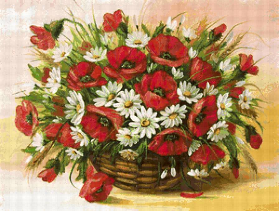 Маки и ромашки в корзинке - предпросмотр