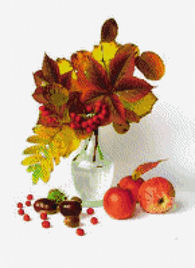 Натюрморт - листья, яблоки, ваза - предпросмотр