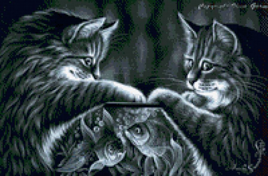 Кишки с рыбкой - монохром, ночь, кот, рыба, кошка - предпросмотр