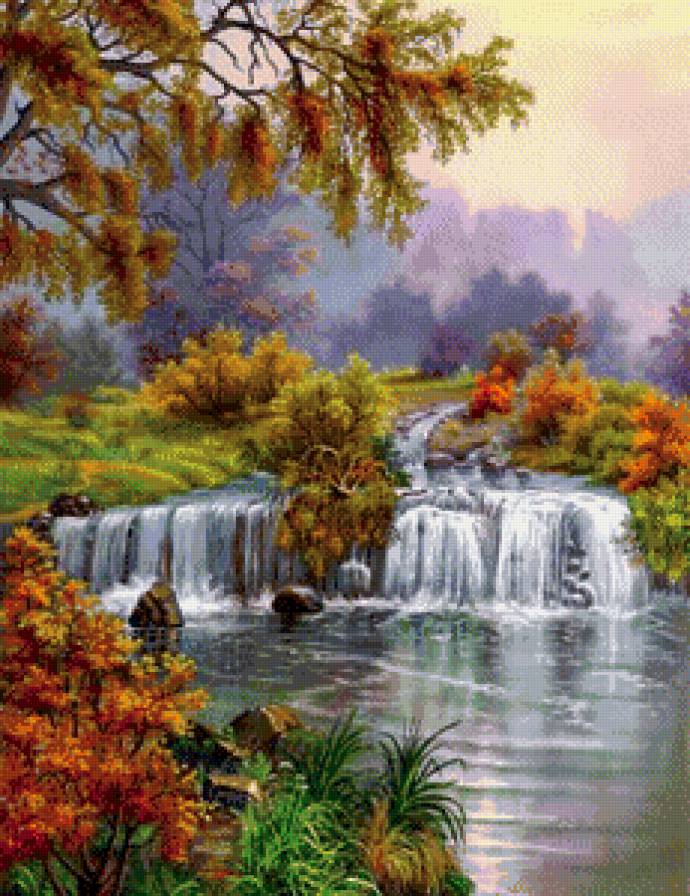 картина - осень, водопад, пейзаж, природа - предпросмотр