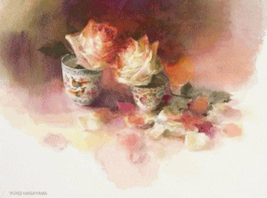 Японская живопись - цветы, растения, розы, рисунок, акварель - предпросмотр