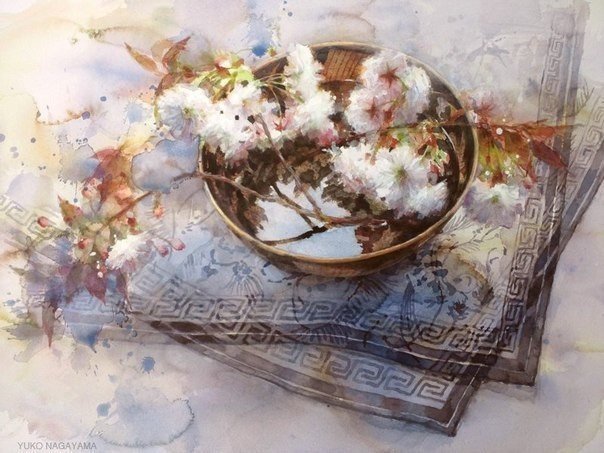 Японская живопись - растения, акварель, рисунок, цветы - оригинал