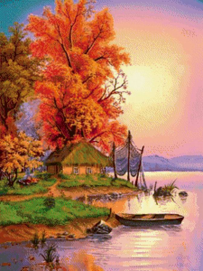 картина - лодка, речка, природа, дом, пейзаж, ставок, река, осень - предпросмотр