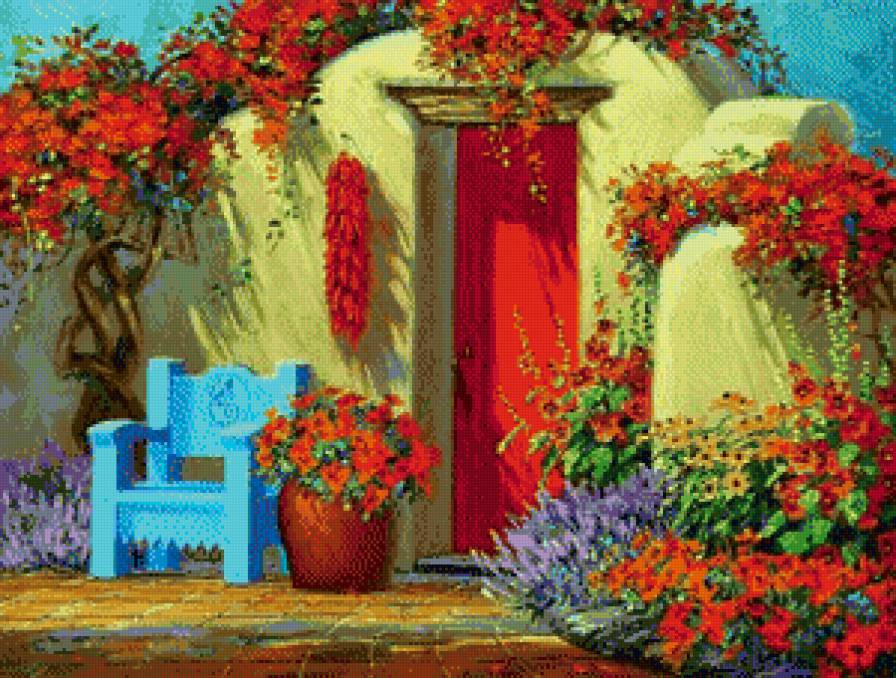 домик - картина, двор, дом, цветы, дворик - предпросмотр