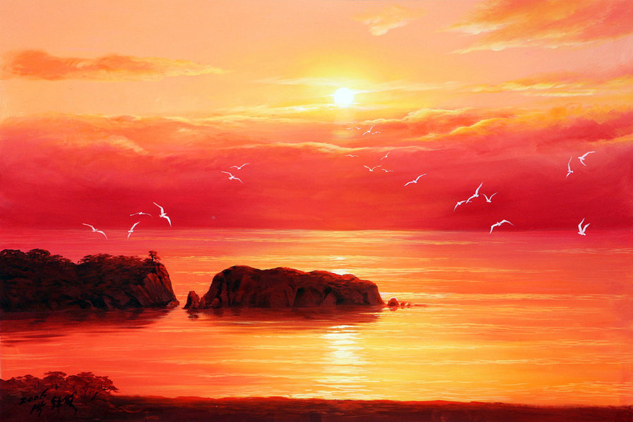 картина - закат, море, чайки - оригинал
