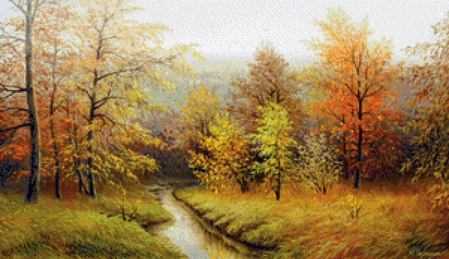 картина - пейзаж, речка, березы, лес, осень, природа - предпросмотр