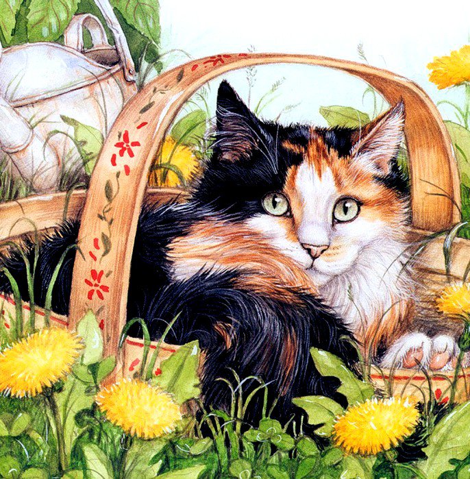 Кошка в лукошке - лукошко, кошка, цветы, одуванчик - оригинал