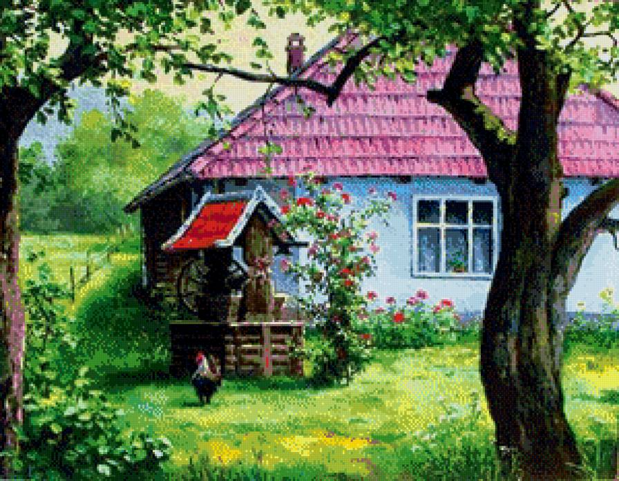 домик - петух, село, дом, деревня, картина, природа - предпросмотр