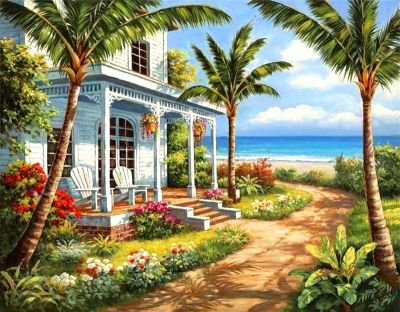 домик у моря - море, океан, пейзаж, картина, природа, пальмы, дом - оригинал