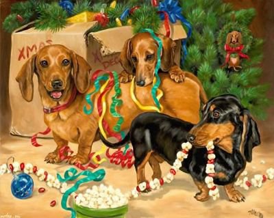 новогодние таксы - собачки, собака, собаки, елка, новый год, такса, картина - оригинал