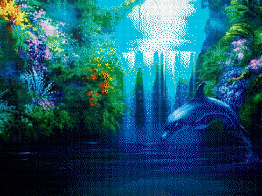 дельфин - водопад, дельфин, пейзаж - предпросмотр