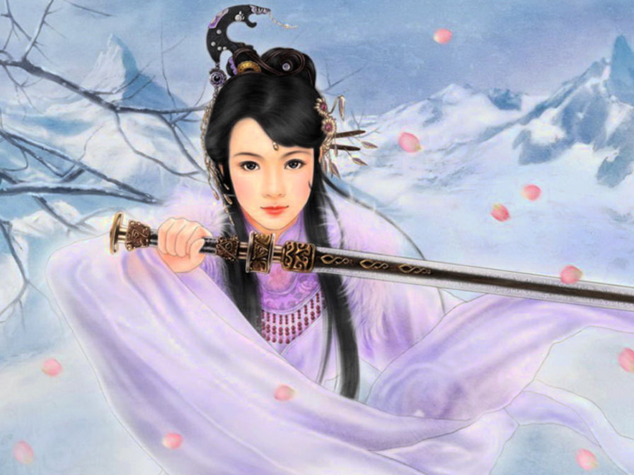 Девушка с мечом на фоне гор - девушка фэнтези, азия - оригинал