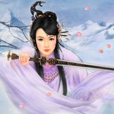 Девушка с мечом на фоне гор