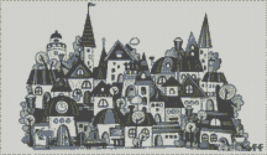 город - черно белая картинка, сказочный городок - предпросмотр