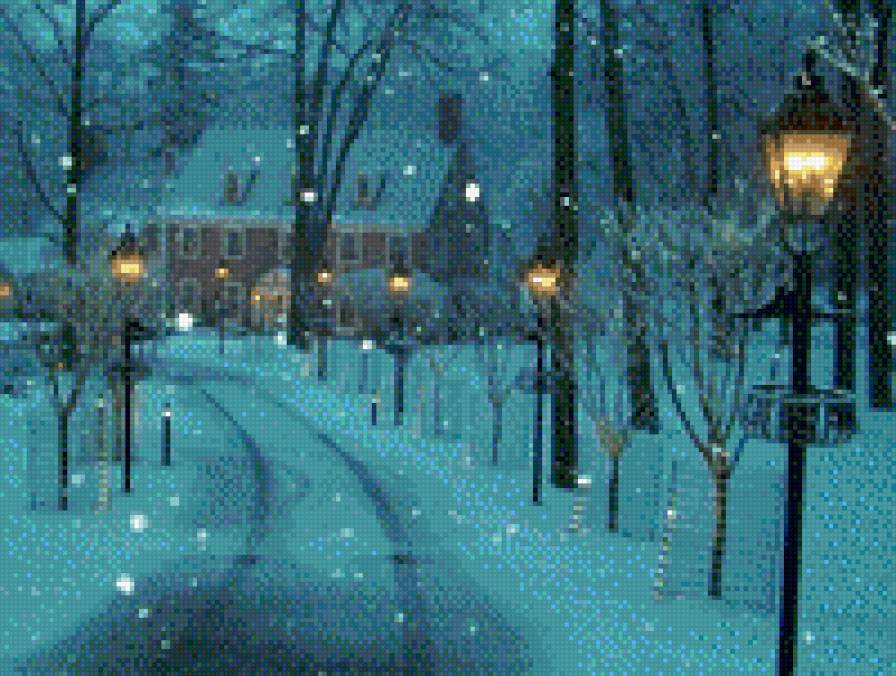 зима в Нью Хоп - архитектура, снег, зима, пейзаж, вечер, фонарь, рождество - предпросмотр