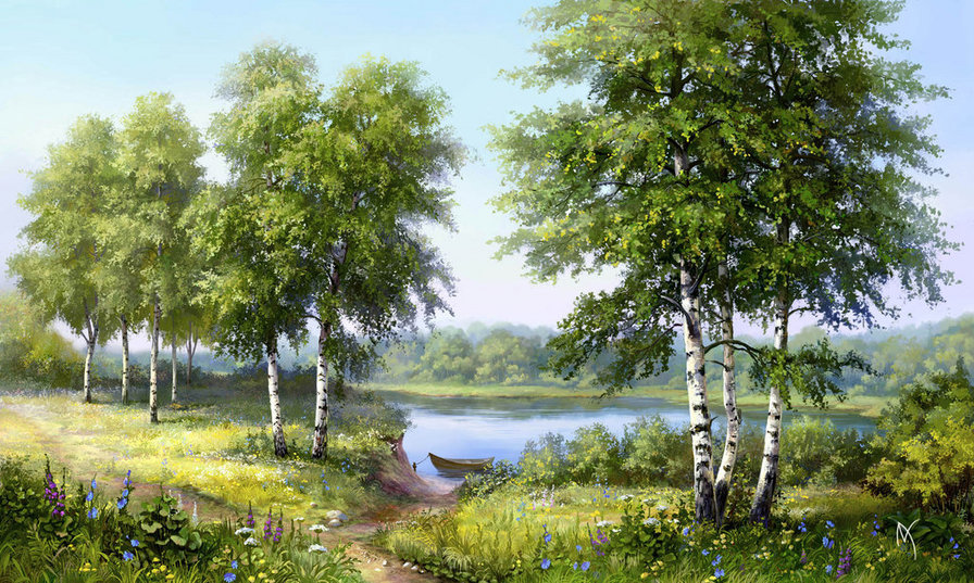 Летний пейзаж - река, цветы, березы, летний пейзаж - оригинал