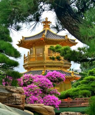китайский домик - картина, здания, восток, цветы - оригинал