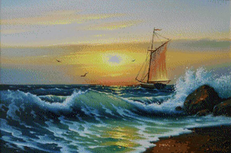 Морские пейзажи Сергея Стоева - парусник, закат, море, картина - предпросмотр