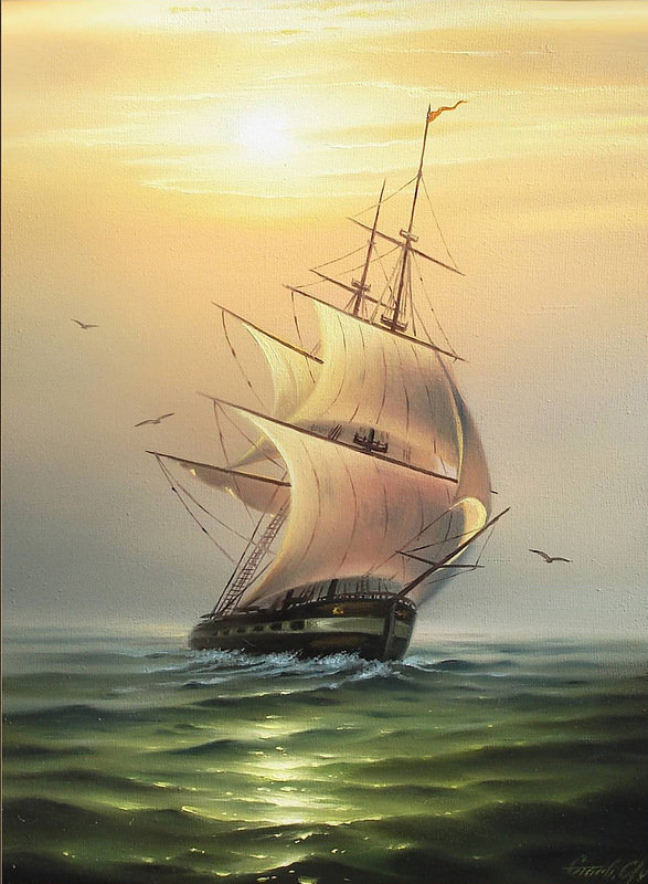Морские пейзажи Сергея Стоева - закат, картина, море, парусник - оригинал