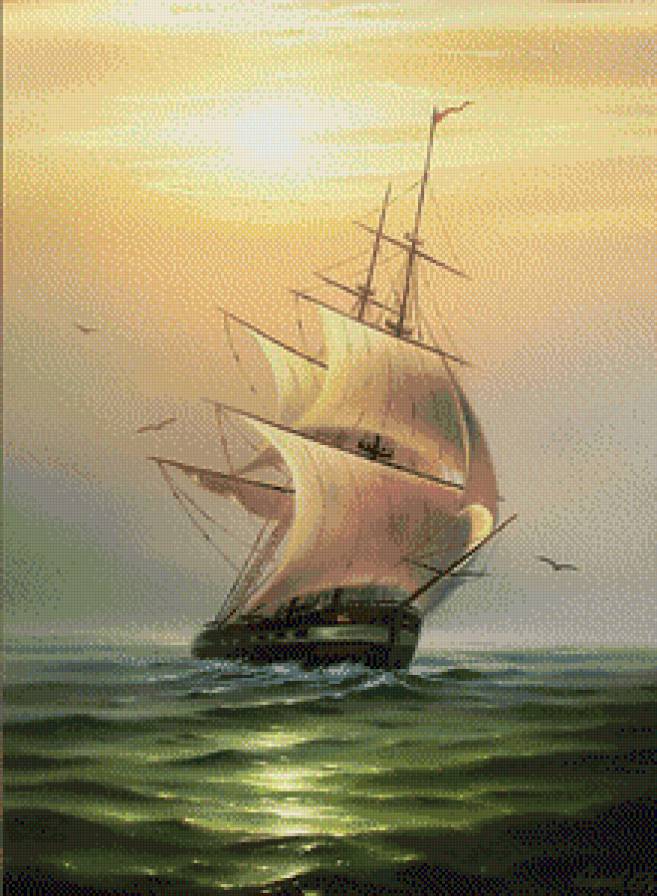 Морские пейзажи Сергея Стоева - парусник, картина, закат, море - предпросмотр