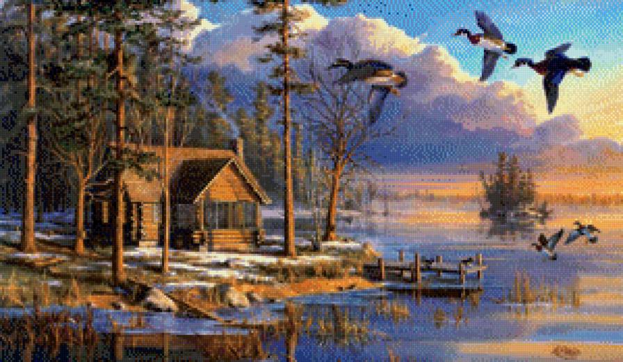 деревня - лес, утки, деревня, дом, озеро - предпросмотр