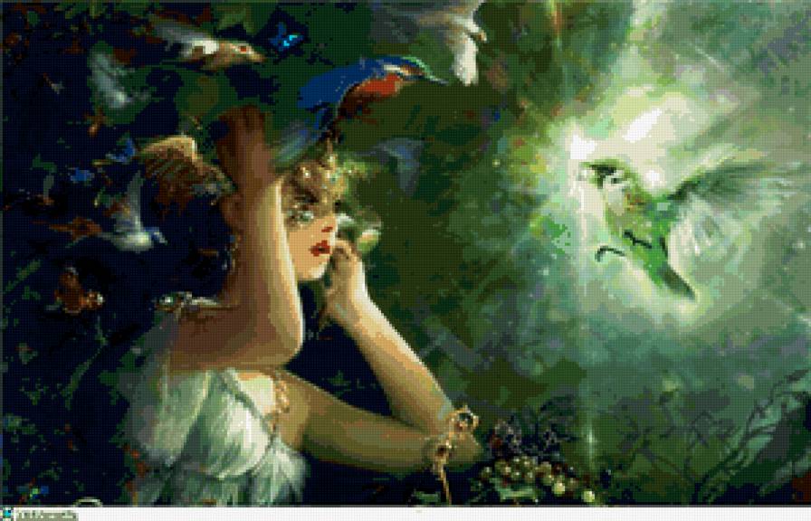 Волшебство - девушка, фэнтези, природа, птицы - предпросмотр