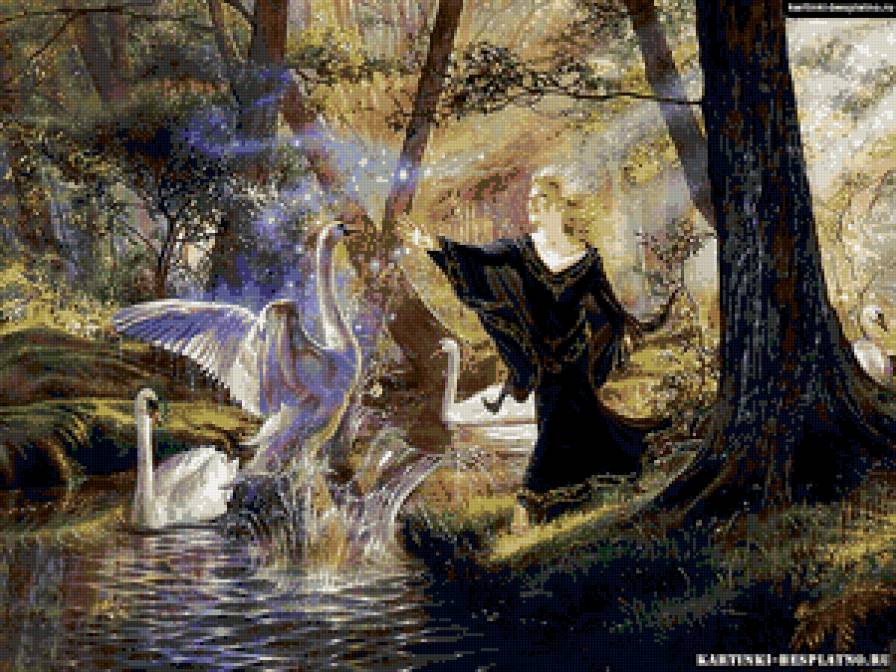 Лебеди - природа, девушка, птицы, фэнтези - предпросмотр