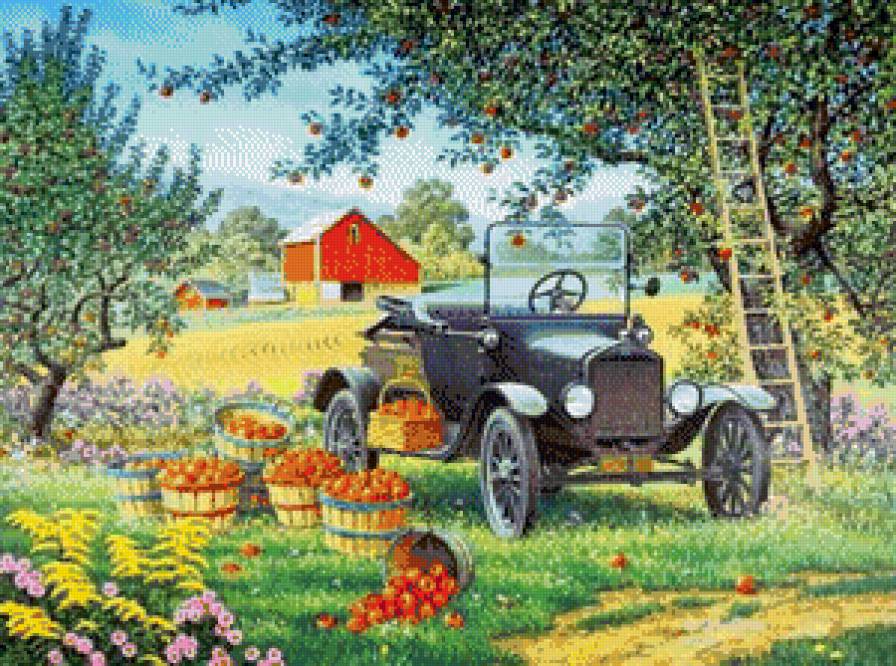 в саду - картина, машины, сад, ретро, фрукты, природа - предпросмотр