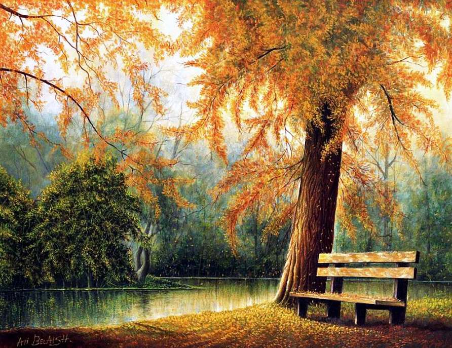 осень в парке - пейзаж, деревья, листья, озеро, осень, лес - оригинал