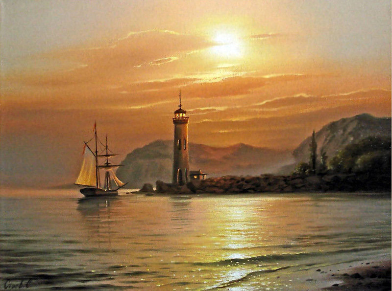 Морские пейзажи Сергея Стоева - пейзаж, закат, горы, маяк, картина, море - оригинал