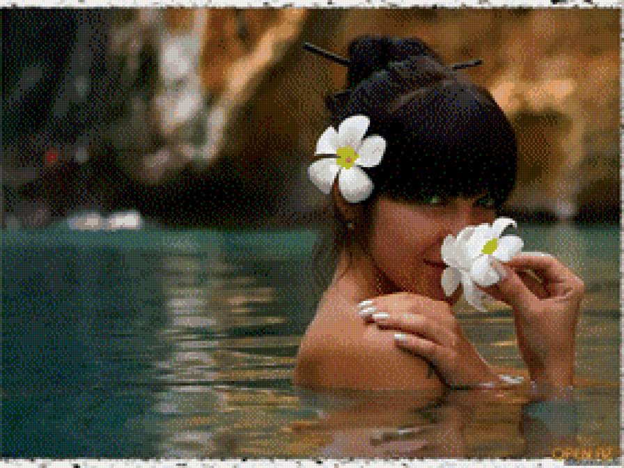 Девушка с белыми цветами - взгляд, девушка, красота, женщина - предпросмотр