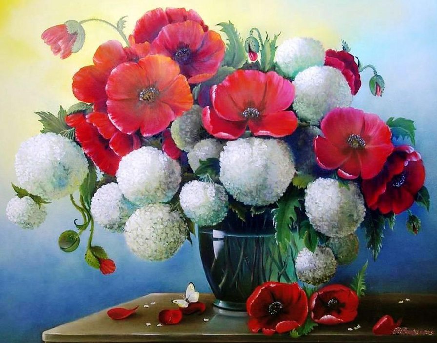 букет с маками - букет, маки, цветы, бабочки, картина - оригинал