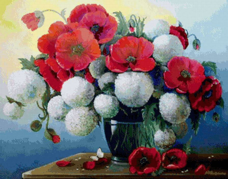 букет с маками - букет, маки, бабочки, цветы, картина - предпросмотр