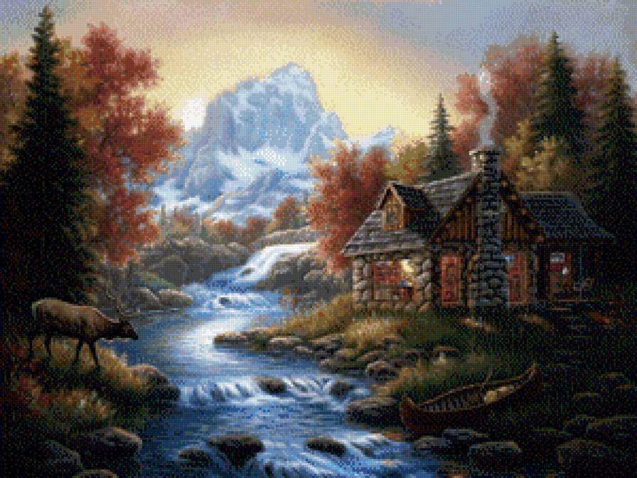 домик в лесу - дом, деревья, лес, река - предпросмотр