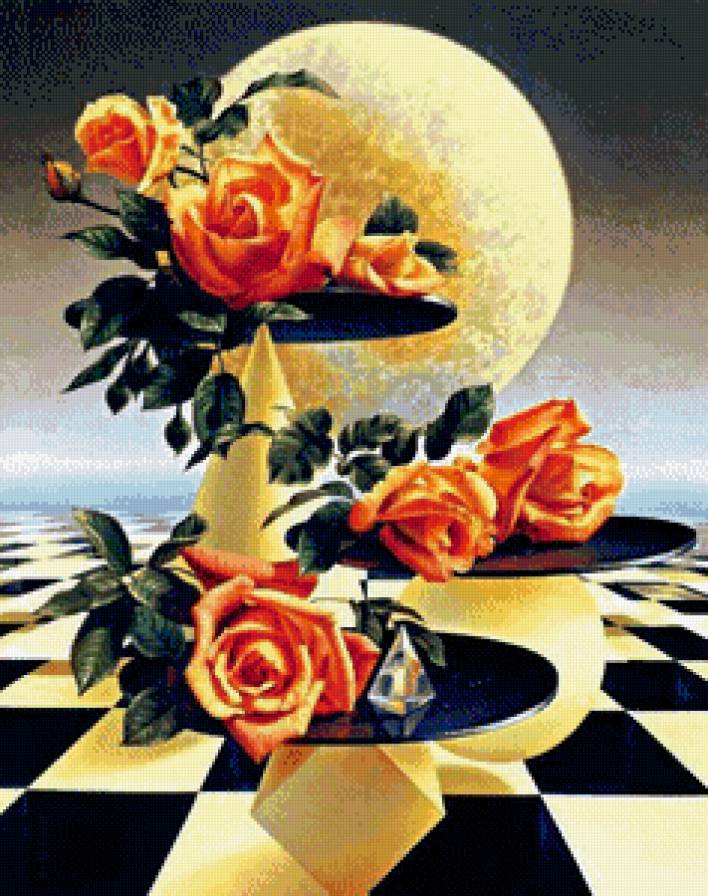 розы и луна - луна, розы, цветы - предпросмотр