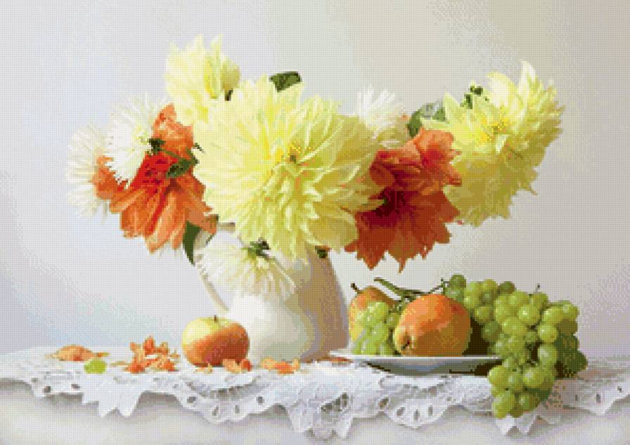 Натюрморт с георгинами - натюрморт, ваза, фрукты, картина, цветы, живопись - предпросмотр