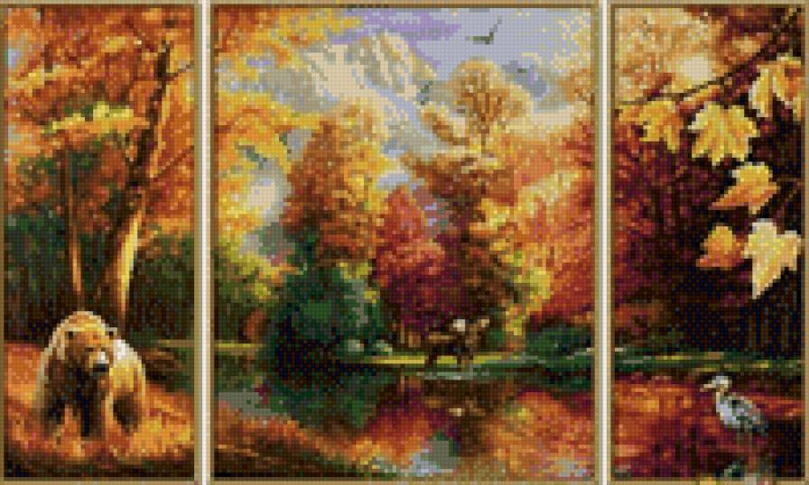 триптих осень - лес, птицы, картина, животные, осень, природа, медведь - предпросмотр