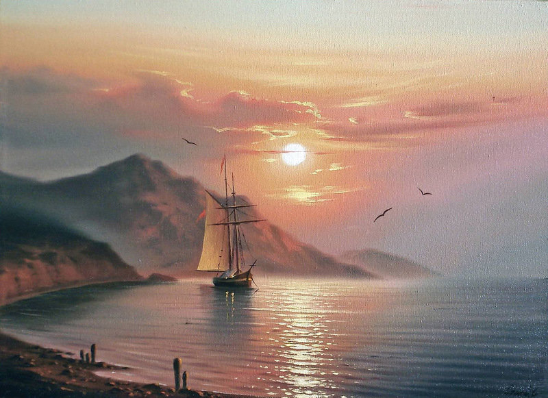Морские пейзажи Сергея Стоева - закат, пейзаж, парусник, море, картина - оригинал