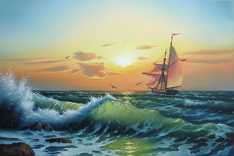 Морские пейзажи Сергея Стоева - закат, картина, парусник, пейзаж, море - оригинал