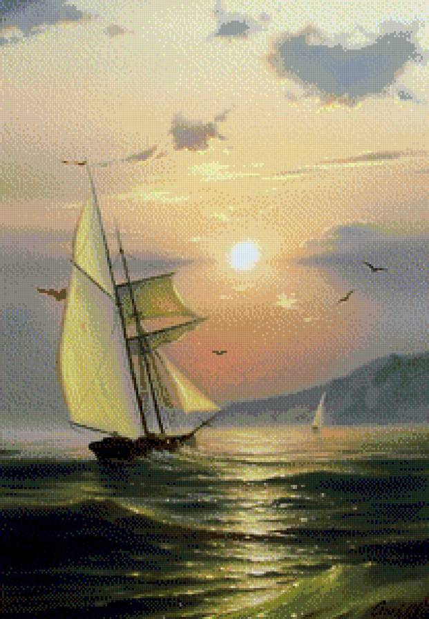 Морские пейзажи Сергея Стоева - закат, парусник, картина, море, пейзаж - предпросмотр