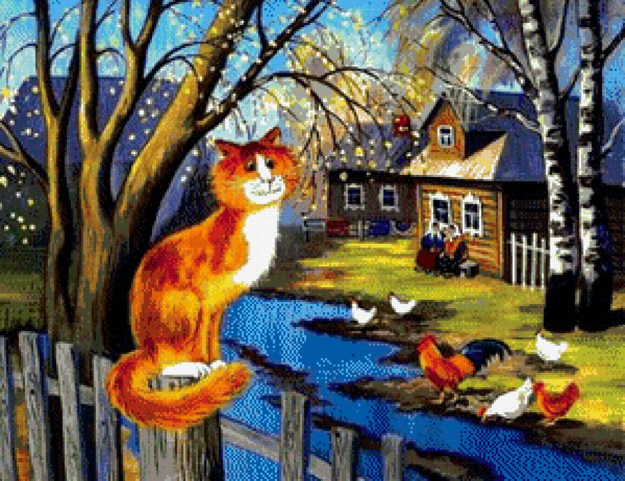 котейка - животные, птицы, весна, село, деревня, коты, курочки, кот, куры, кошки - предпросмотр