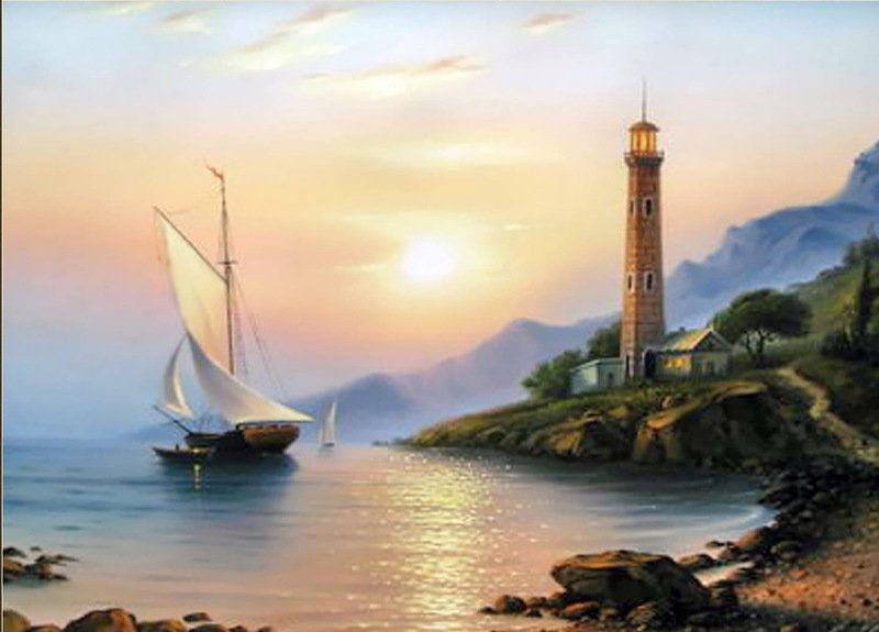 Морские пейзажи Сергея Стоева - маяк, горы, картина, закат, пейзаж, море - оригинал