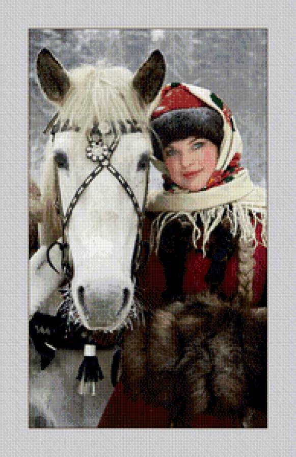 Русская зима - зима, русская девушка, лошадь - предпросмотр