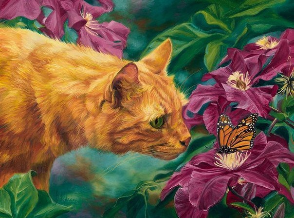 кошка - цветы, бабочки - оригинал