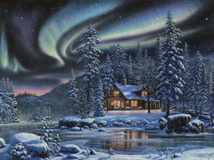 Зимнее сияние - пейзаж, снег, лес, дом, зима, ночь, северное сияние - предпросмотр