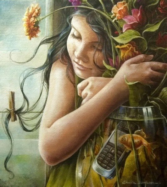 картина - девушка, цветы - оригинал