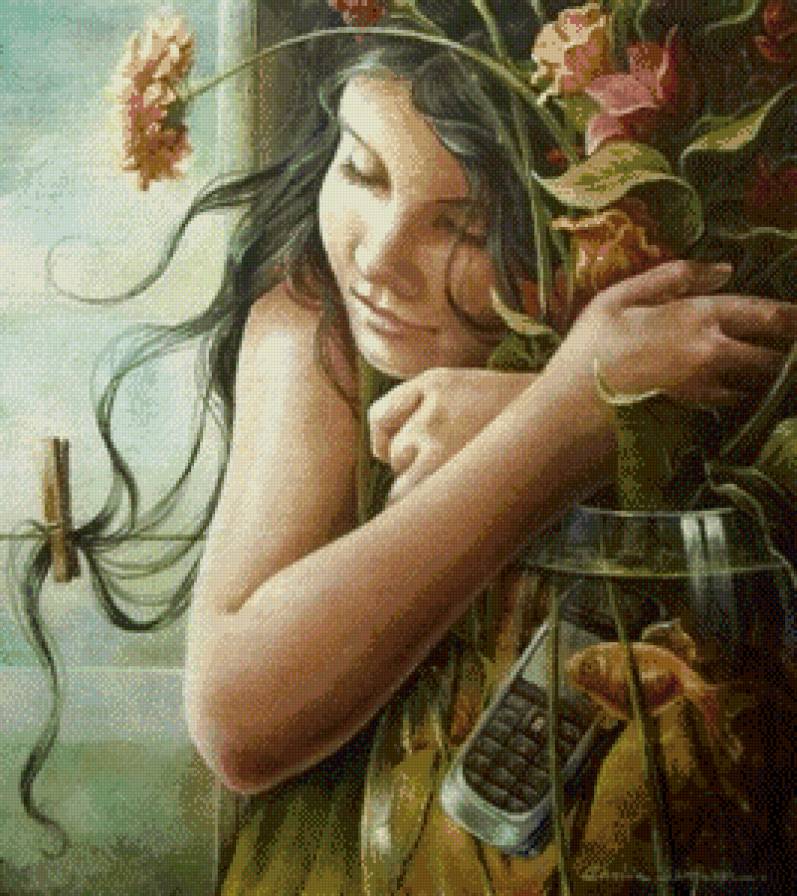 картина - цветы, девушка - предпросмотр